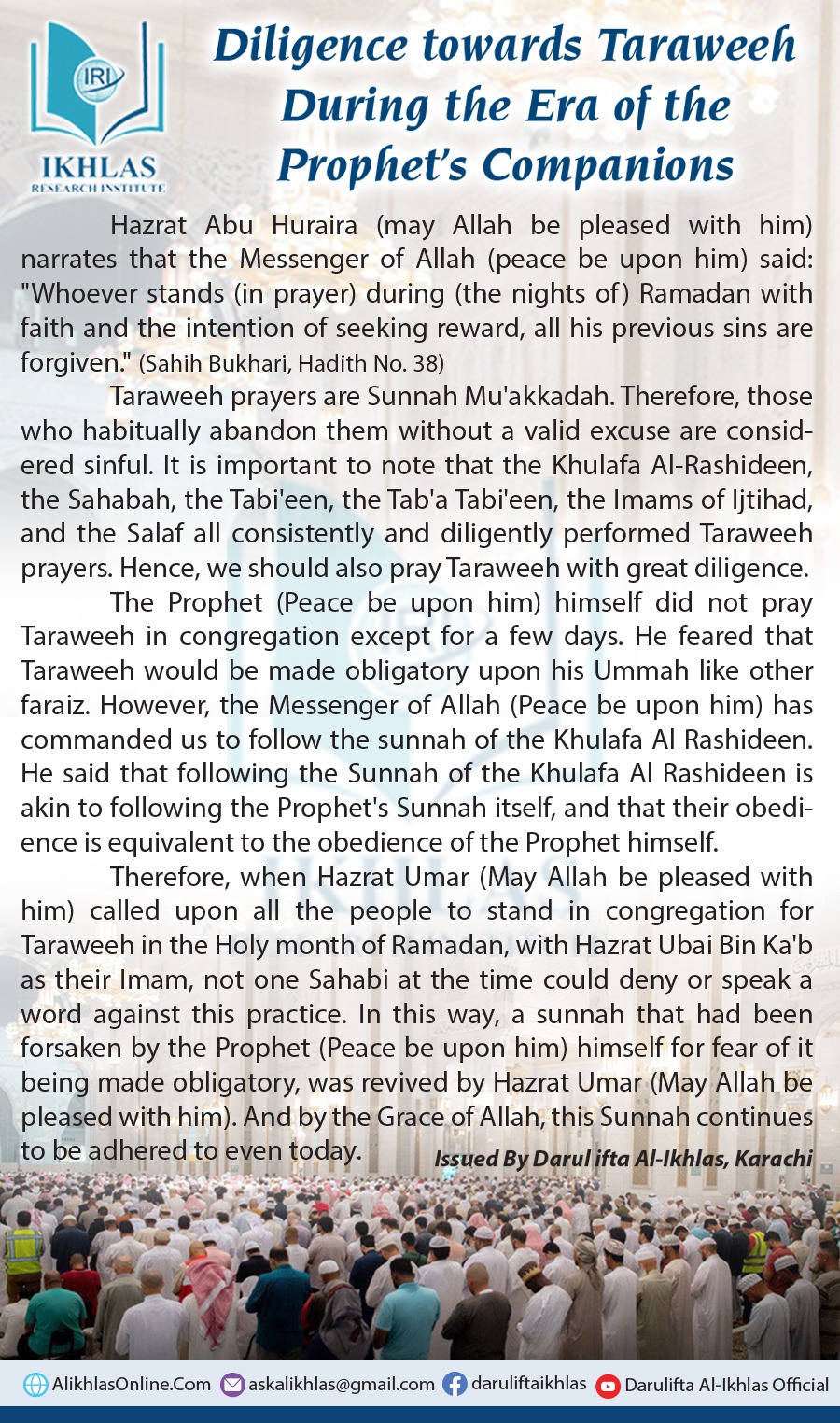 Diligence towards Taraweeh During the Era of the Prophet’s Companions