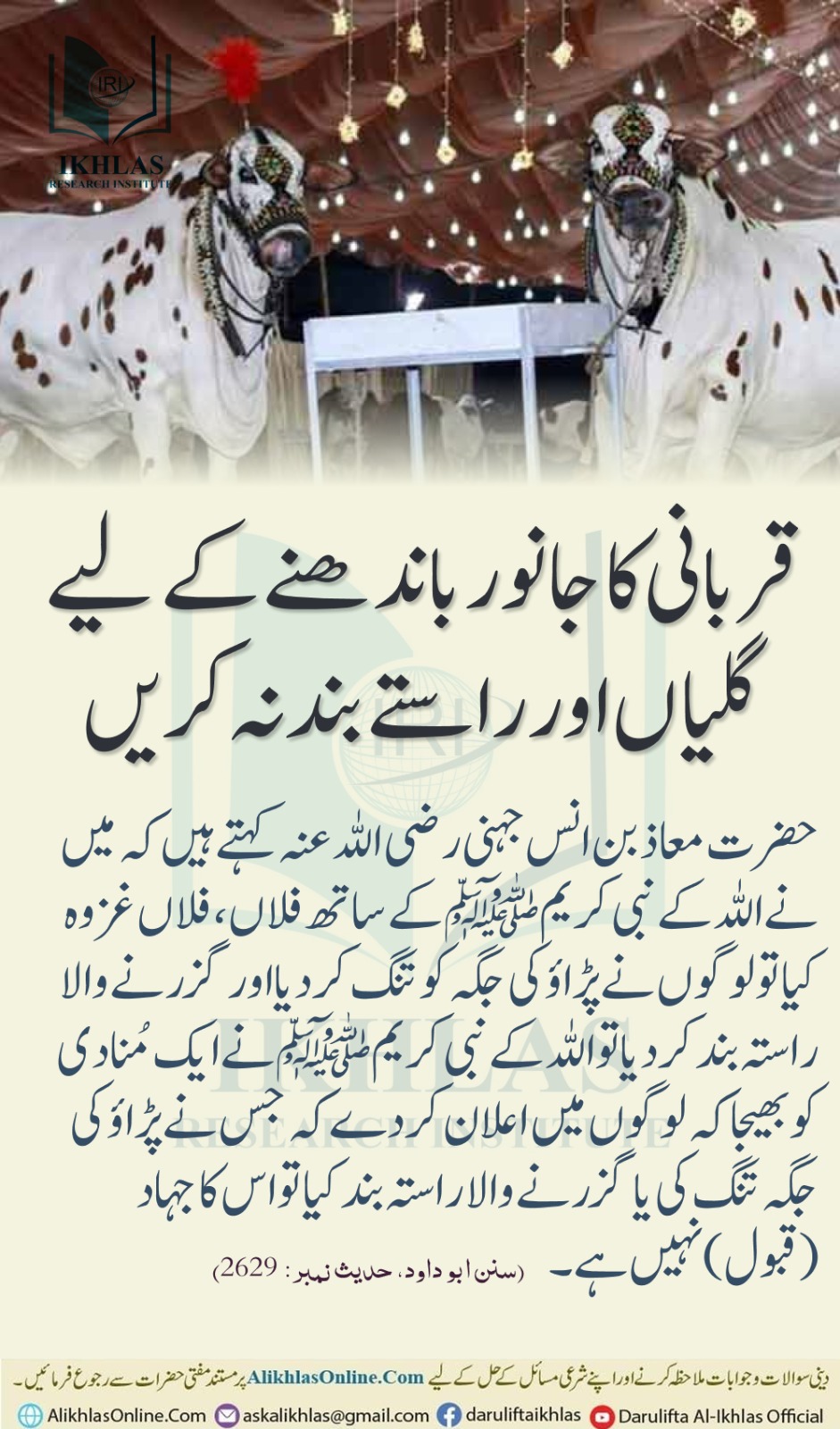 قربانی کا جانور باندھنے کے لیے گلیاں اور راستے بند نہ کریں