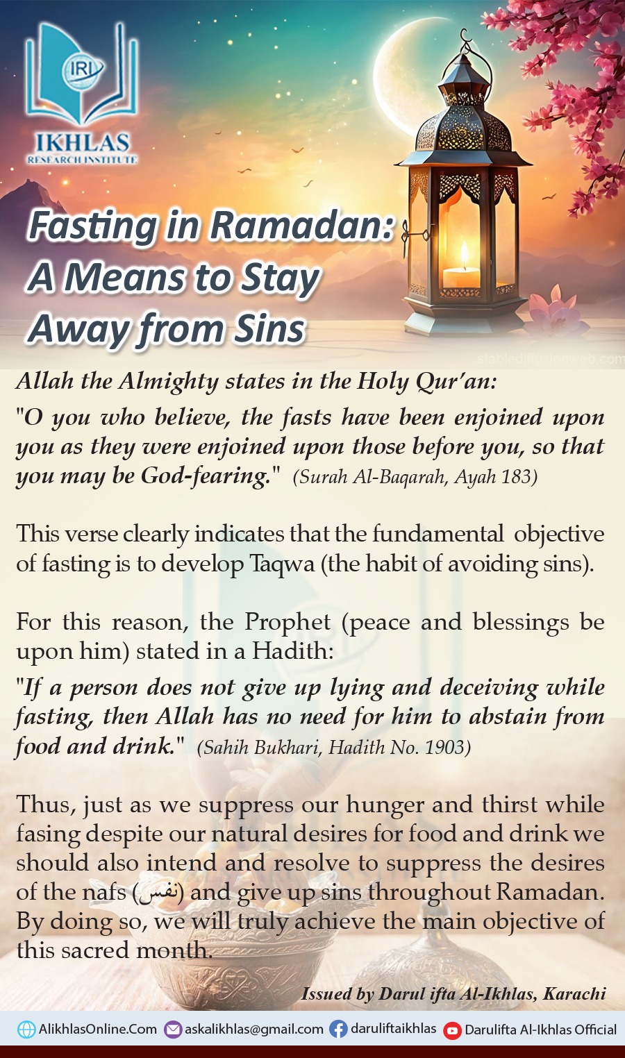 Fasting in Ramadan: A Means to Stay Away from Sins